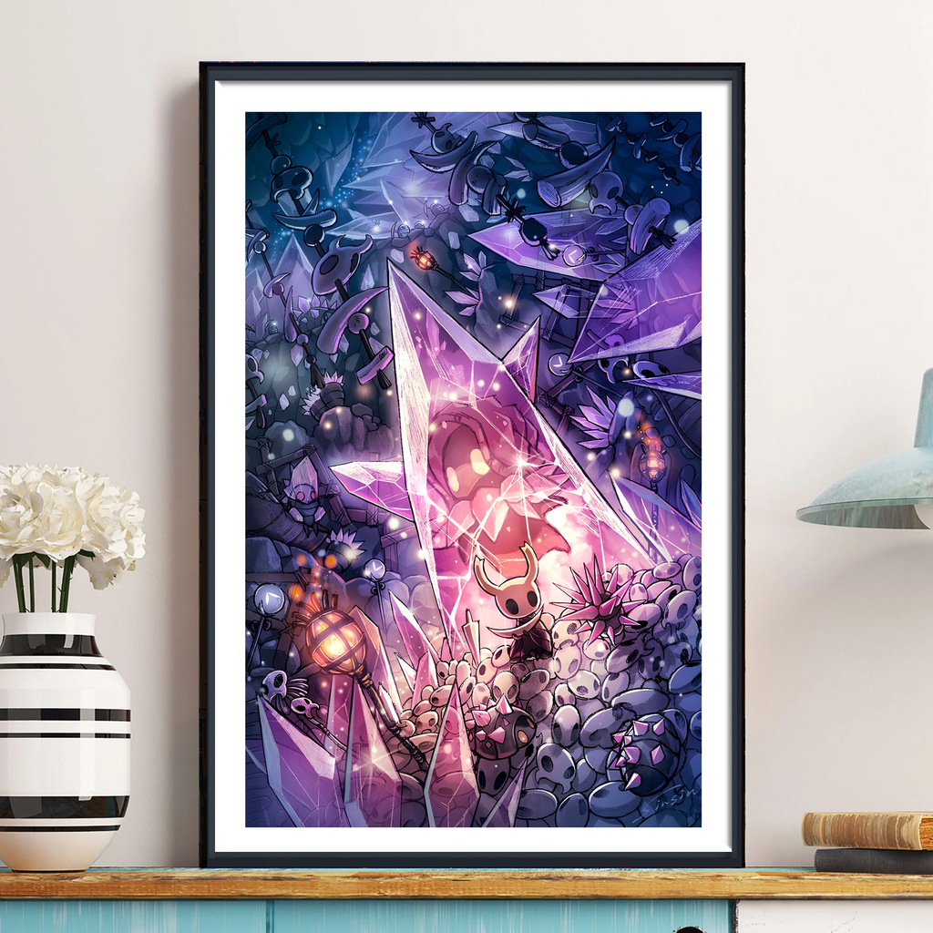 Framed Hollow Knight Poster print featuring the character ensemble, rolled up and ready for gifting.