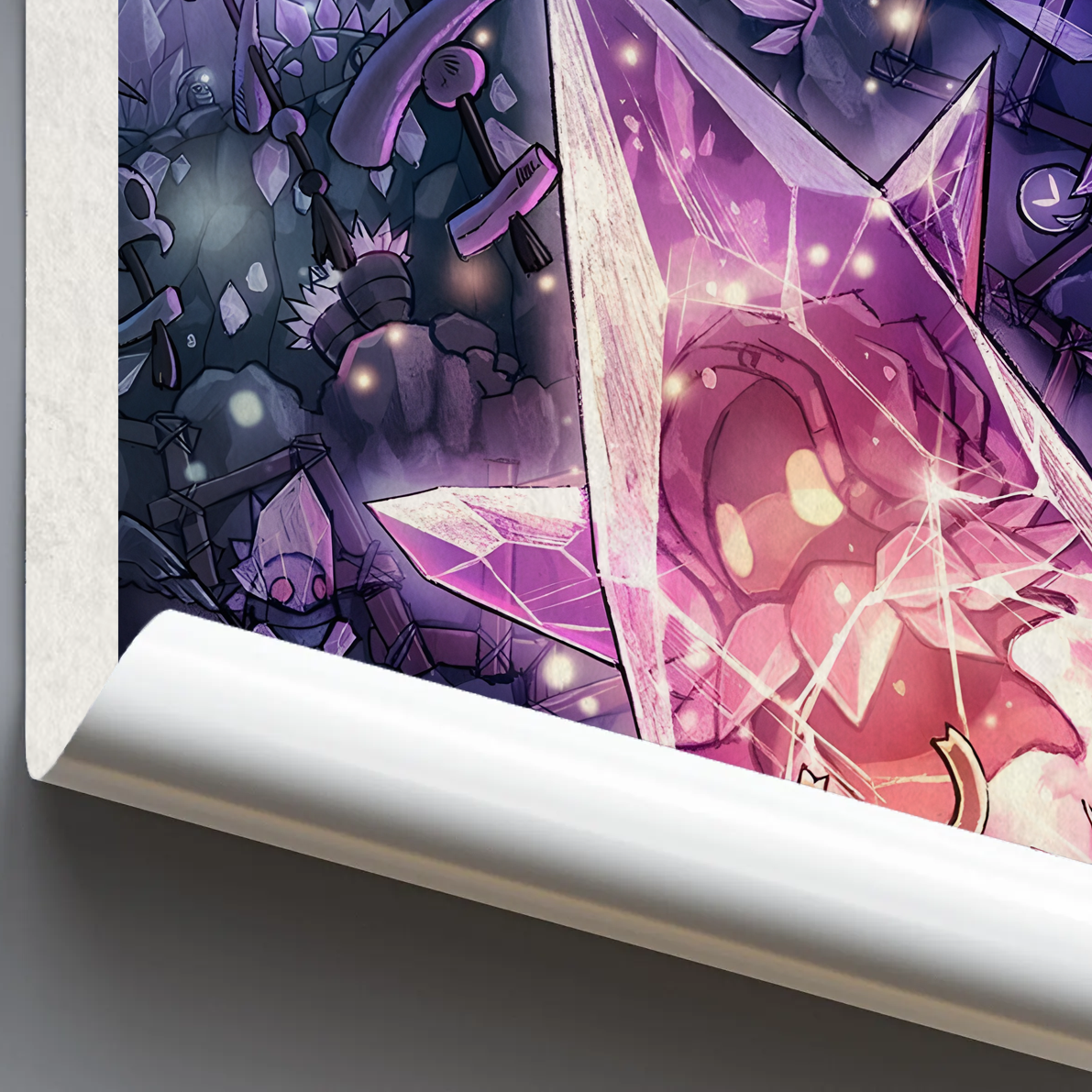 Close-up detail of the Hollow Knight Poster print, highlighting the sharp rendering of the character ensemble artwork.