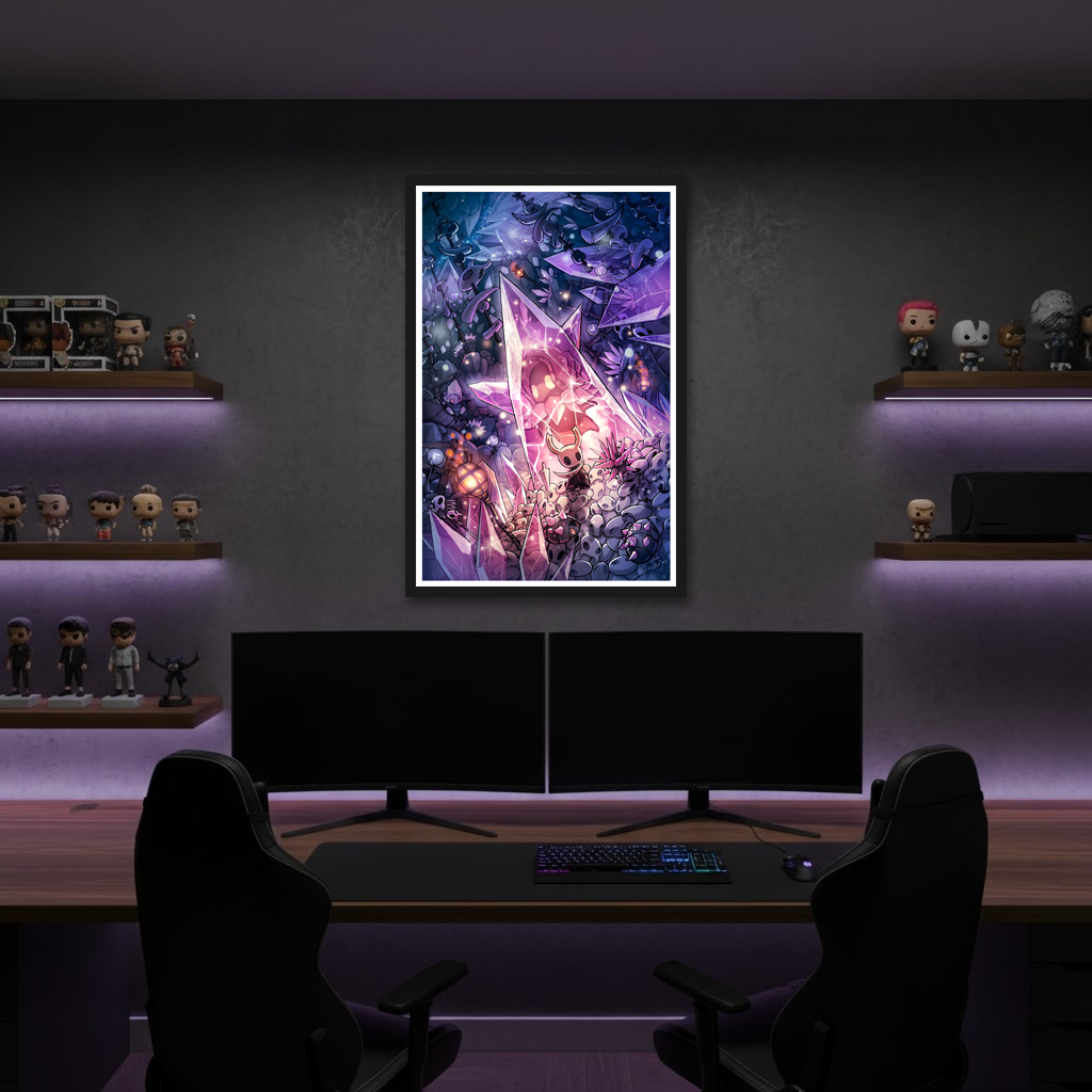Framed Hollow Knight Poster displayed in a brightly lit room, showcasing the full character ensemble print