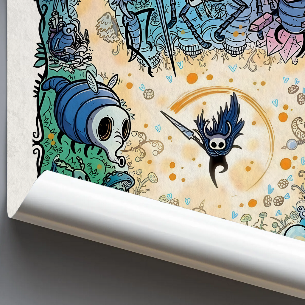 Close-up detail of the Hollow Knight Poster print quality, highlighting the texture and color depth of the atmospheric landscape.