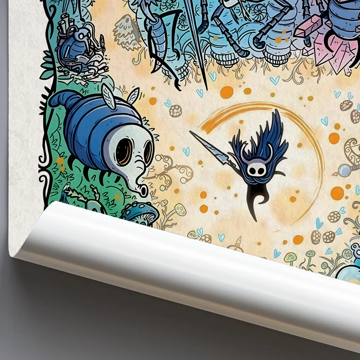 Close-up detail of the Hollow Knight Poster print quality, highlighting the texture and color depth of the atmospheric landscape.