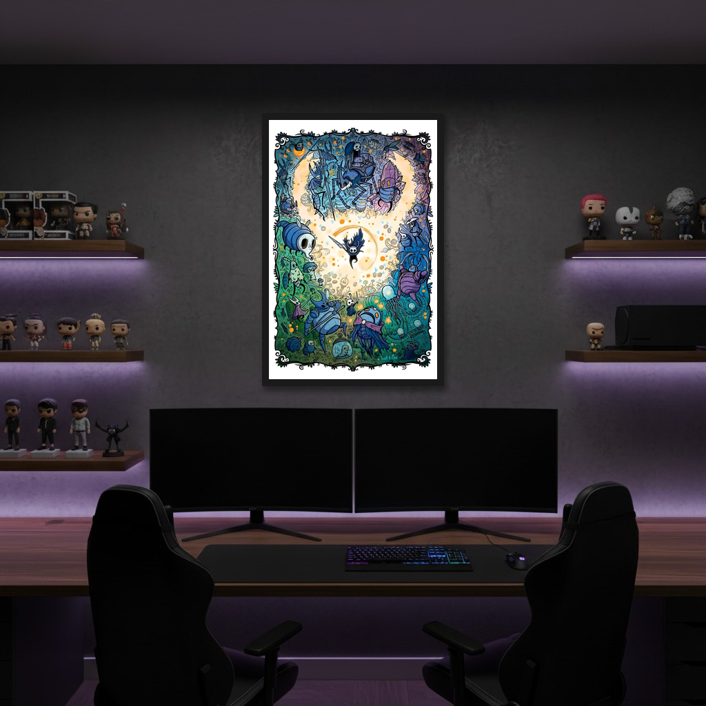 Framed Hollow Knight Poster displayed in a modern living space, showcasing the atmospheric landscape print.