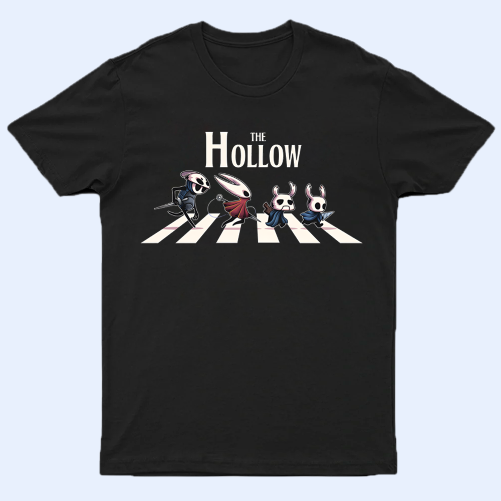 Front view of a black Hollow Knight shirt featuring a funny group print of The Knight, Hornet, and other characters gathered at a crossroad, laid flat