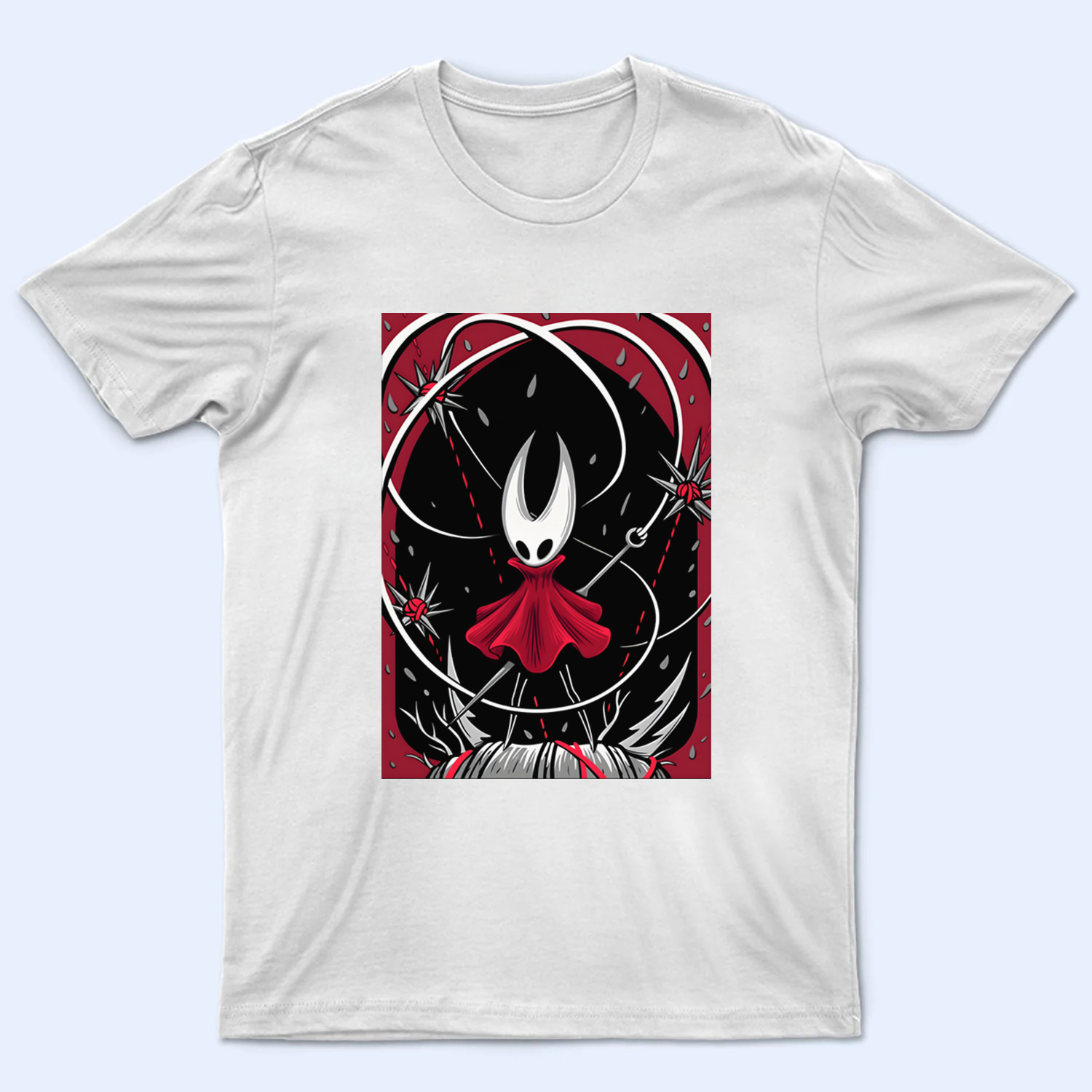 Front view of a Hollow Knight shirt featuring a dynamic print of the character Hornet, the deadly hunter, laid flat