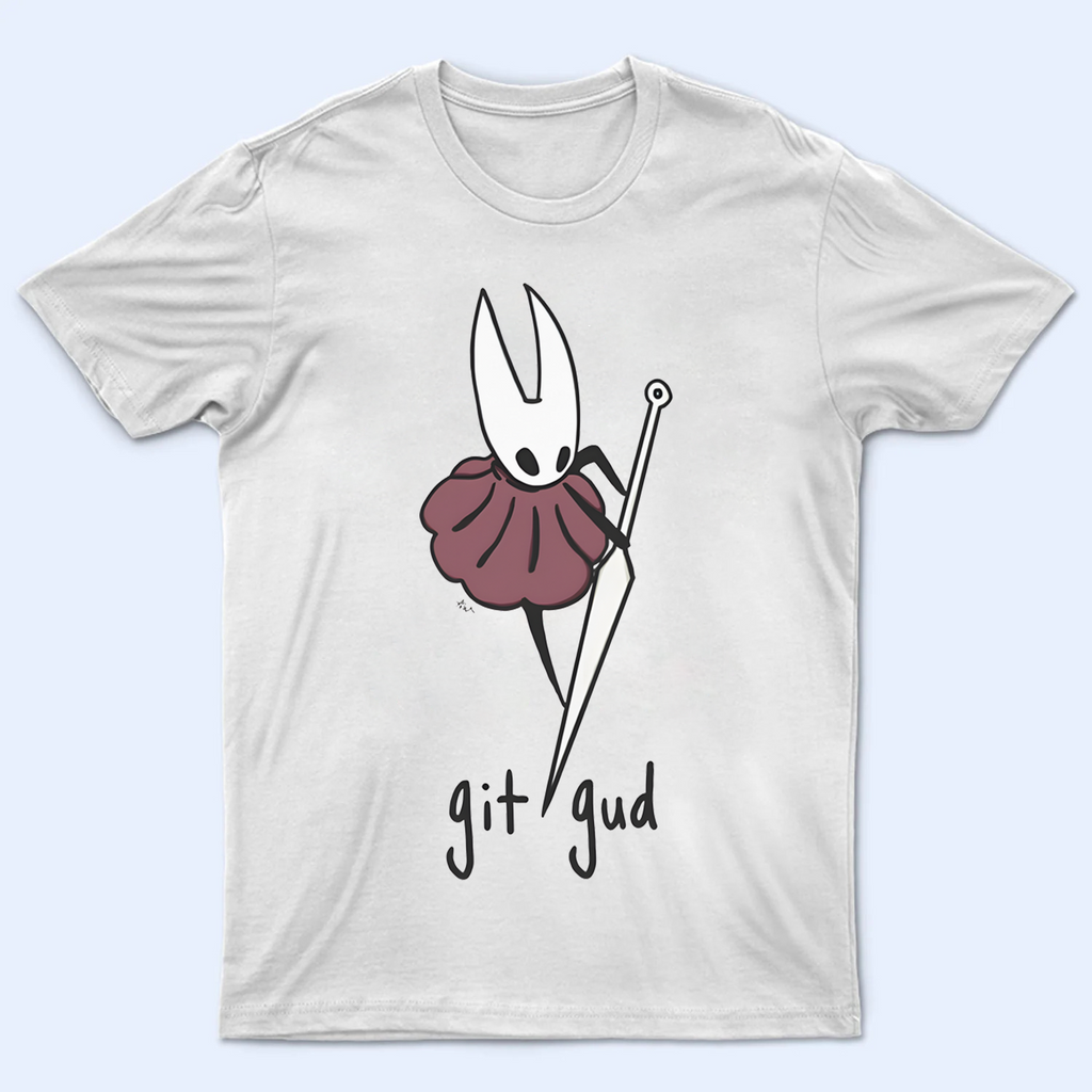 Front view of a black Hollow Knight shirt featuring a print of the character Hornet with the text 'Git Gud', laid flat on a neutral background