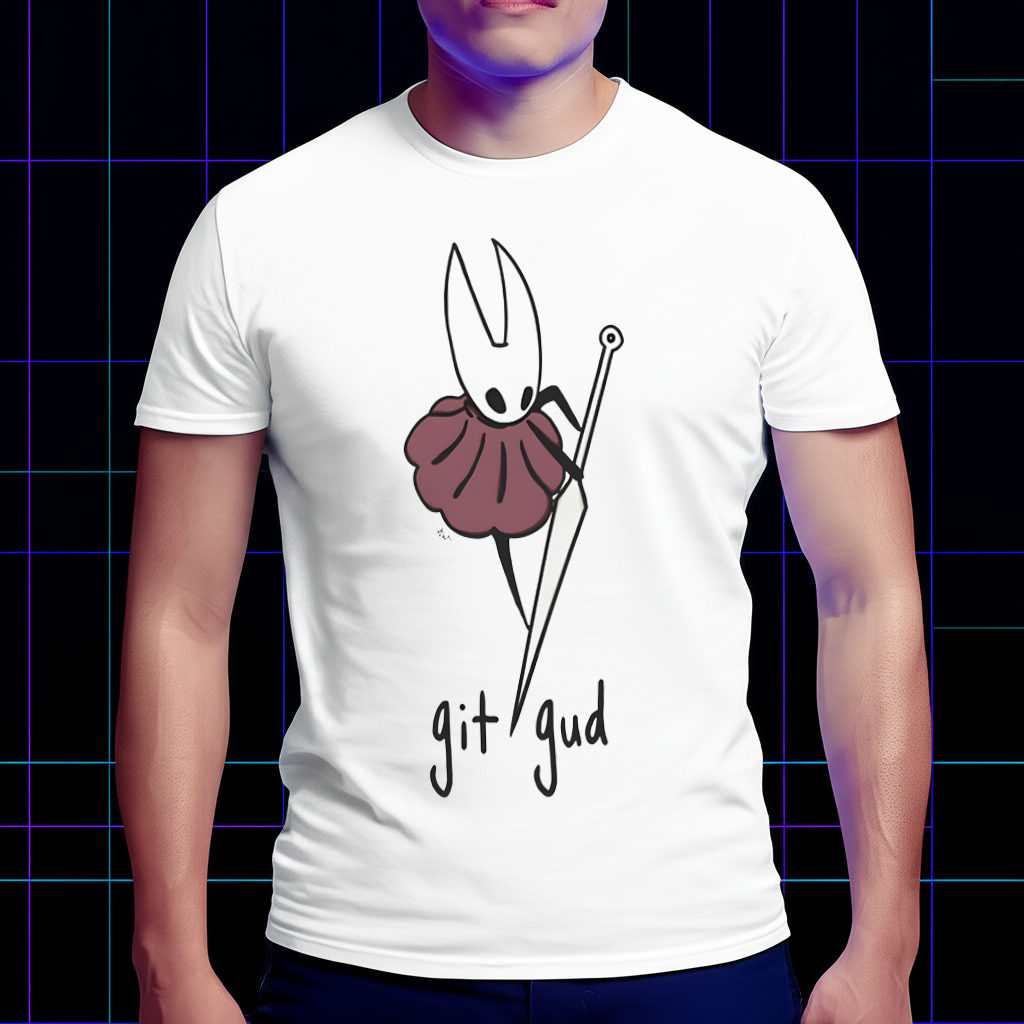 Person wearing the Hollow Knight shirt with Hornet's 'Git Gud' design, showing the front view and fit