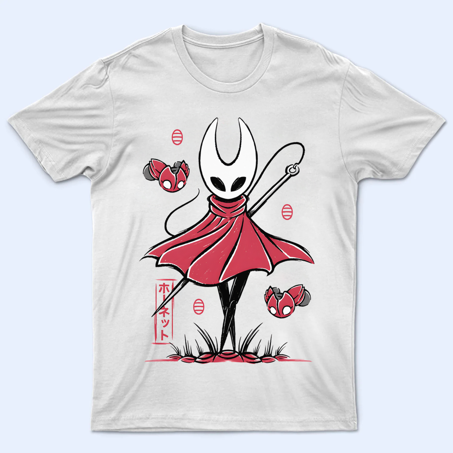 Front view of a black Hollow Knight shirt featuring a detailed print of the character Hornet, the princess-protector of Hallownest, laid flat
