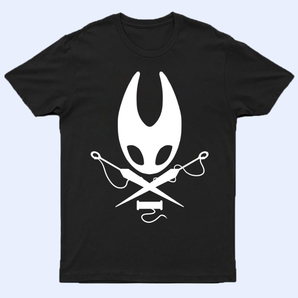 Front view of a black Hollow Knight shirt featuring a detailed print of the character Hornet, laid flat on a neutral background