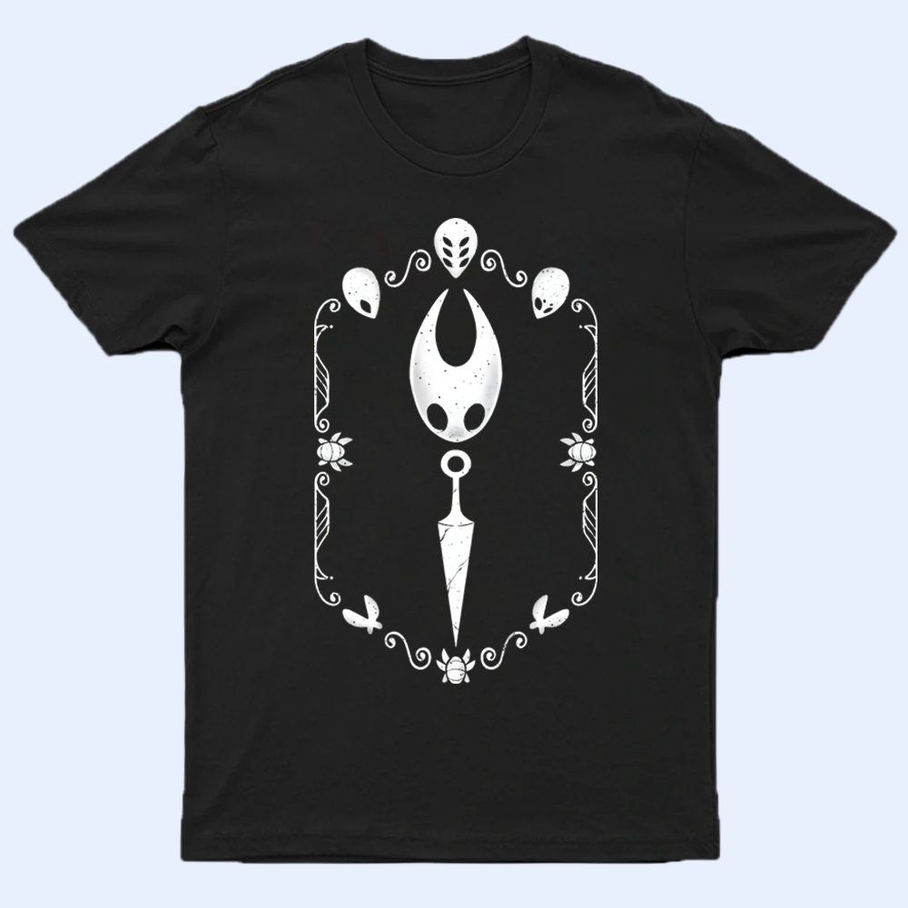 Front view of a black Hollow Knight shirt featuring a minimalist silhouette print of Hornet and her detailed needle kit, laid flat