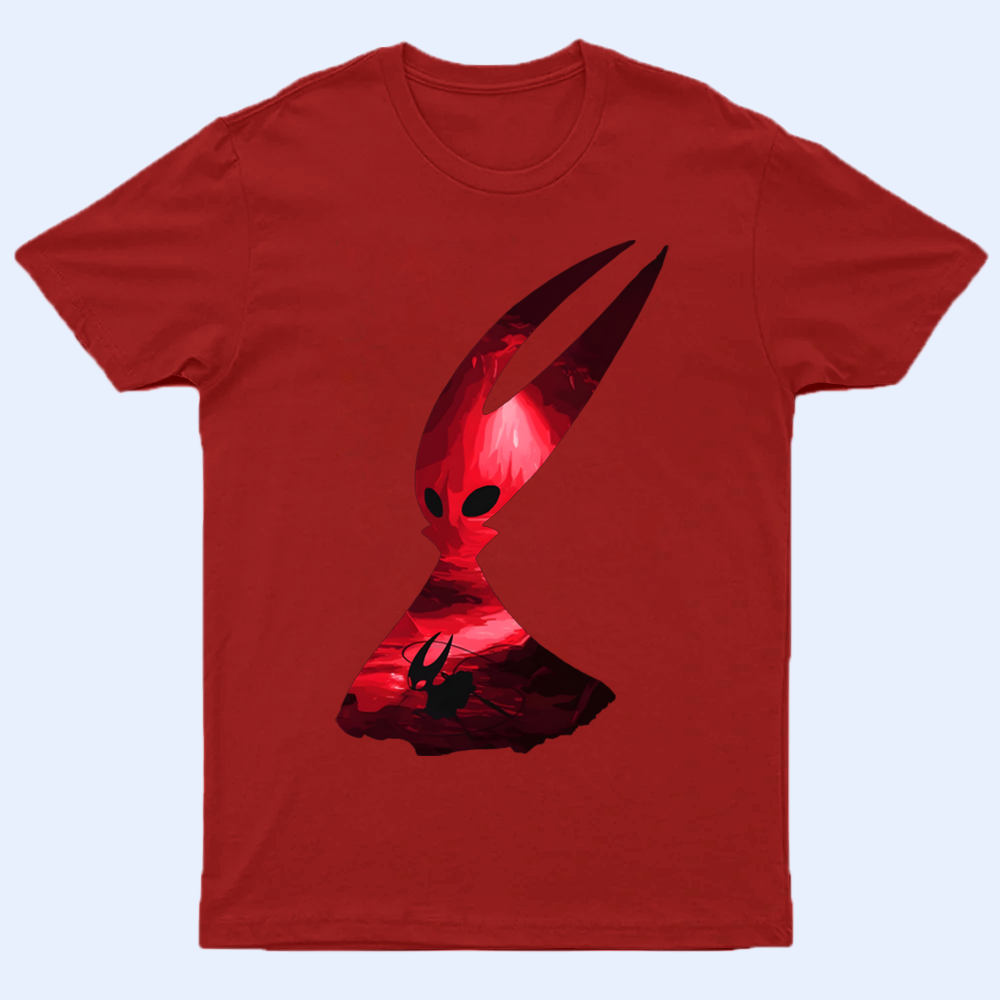 Front view of a black Hollow Knight shirt with a minimalist, white silhouette of the character Hornet, laid flat