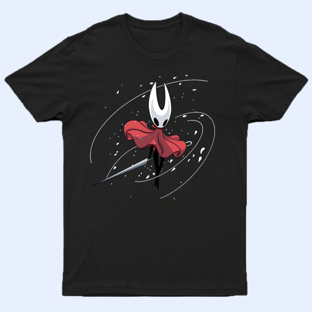Front view of a black Hollow Knight shirt featuring a detailed print of the character Hornet in a flowing 'Silk Dance' pose, laid flat