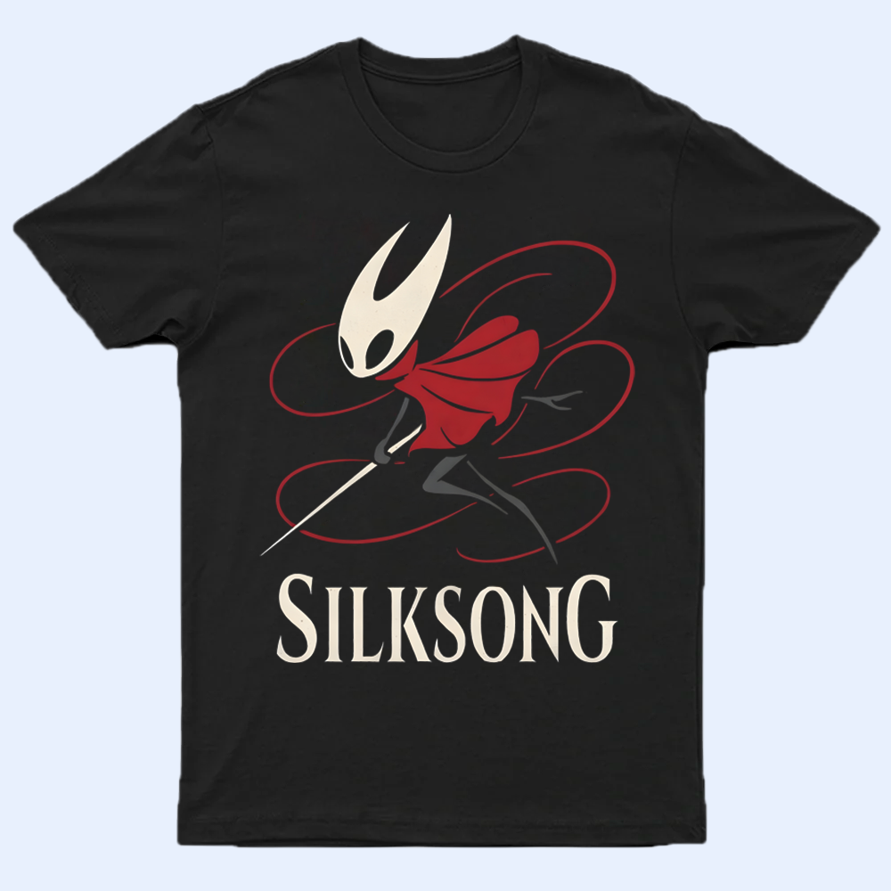 Front view of a black Hollow Knight shirt featuring a detailed print of the character Hornet and the word 'Silksong', laid flat on a white background