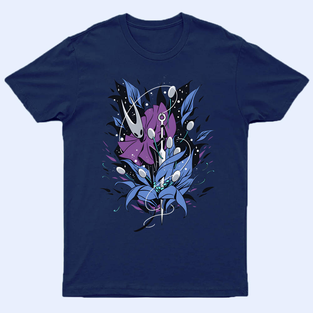 Front view of a black Hollow Knight shirt featuring a detailed print of Hornet's needle, known as 'The Sting,' laid flat