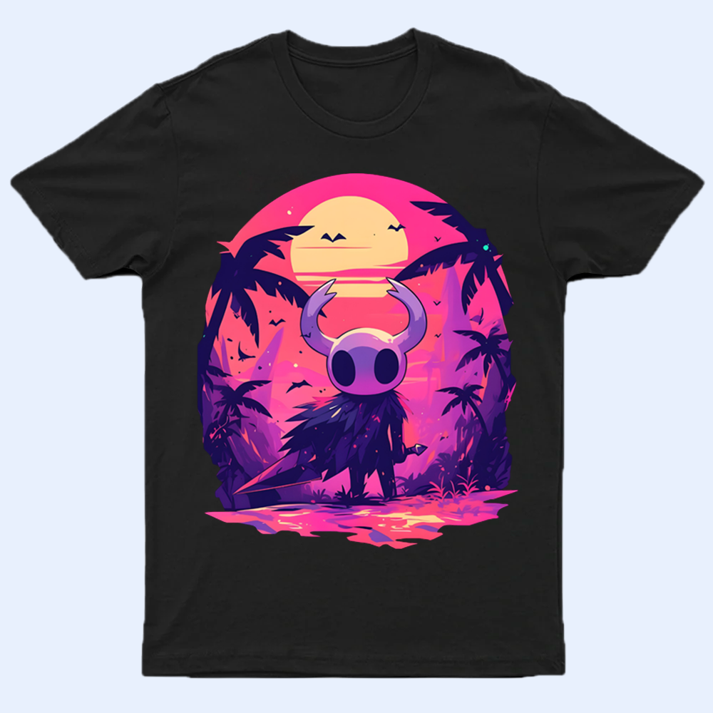 Front view of a black Hollow Knight shirt featuring The Knight character prominently with a large, epic background depicting a grand Hallownest landscape, laid flat
