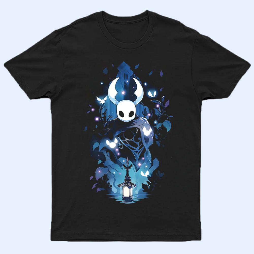 Front view of a black Hollow Knight shirt with a print of The Knight character in a classic heroic pose, laid flat on a neutral background
