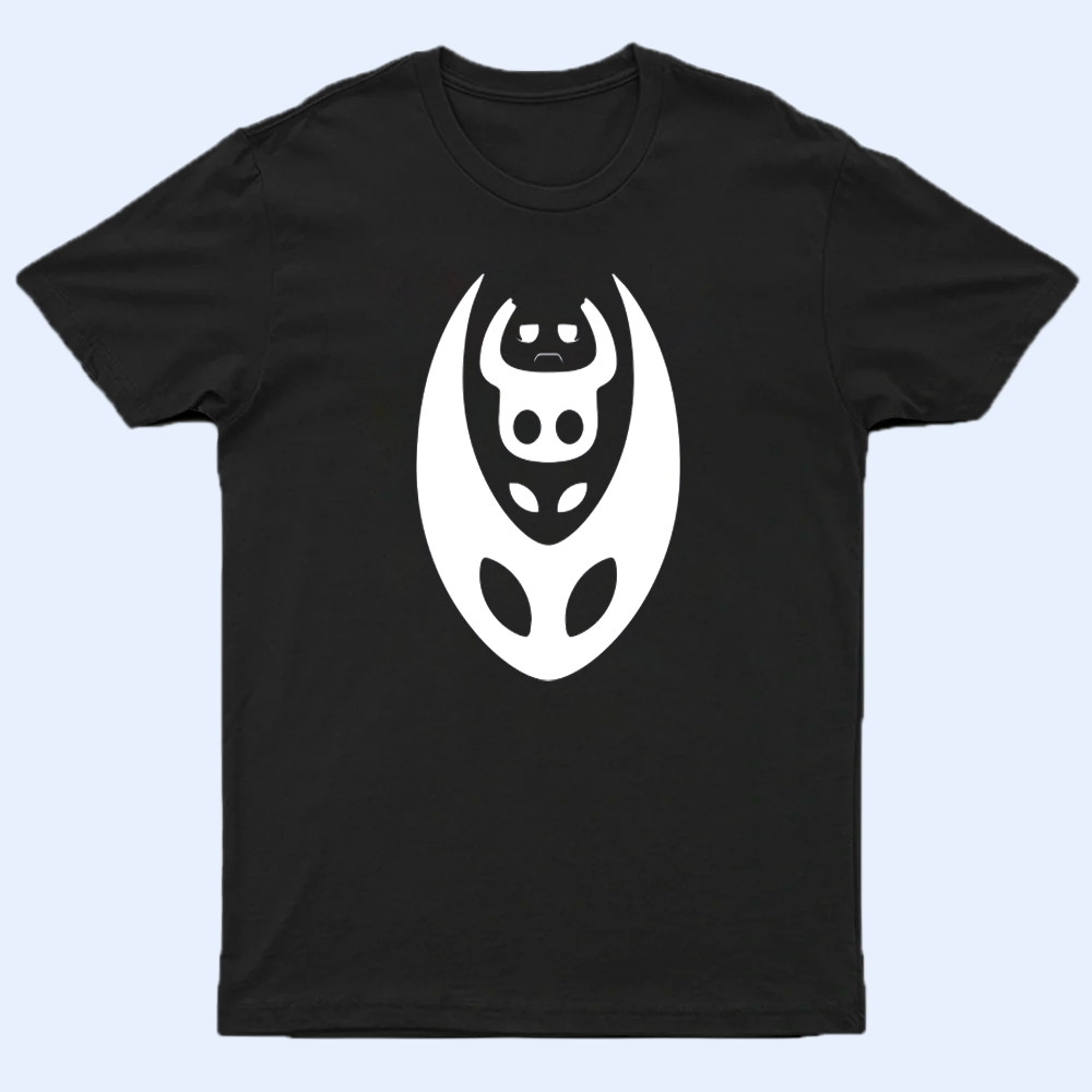 Front view of a black Hollow Knight shirt featuring a minimalist, white silhouette print of both The Knight and Hornet, laid flat