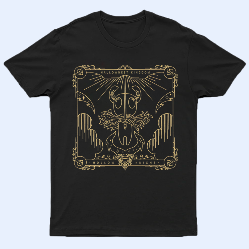 Front view of a black Hollow Knight shirt featuring a minimalist, white silhouette of The Knight character, laid flat on a neutral background
