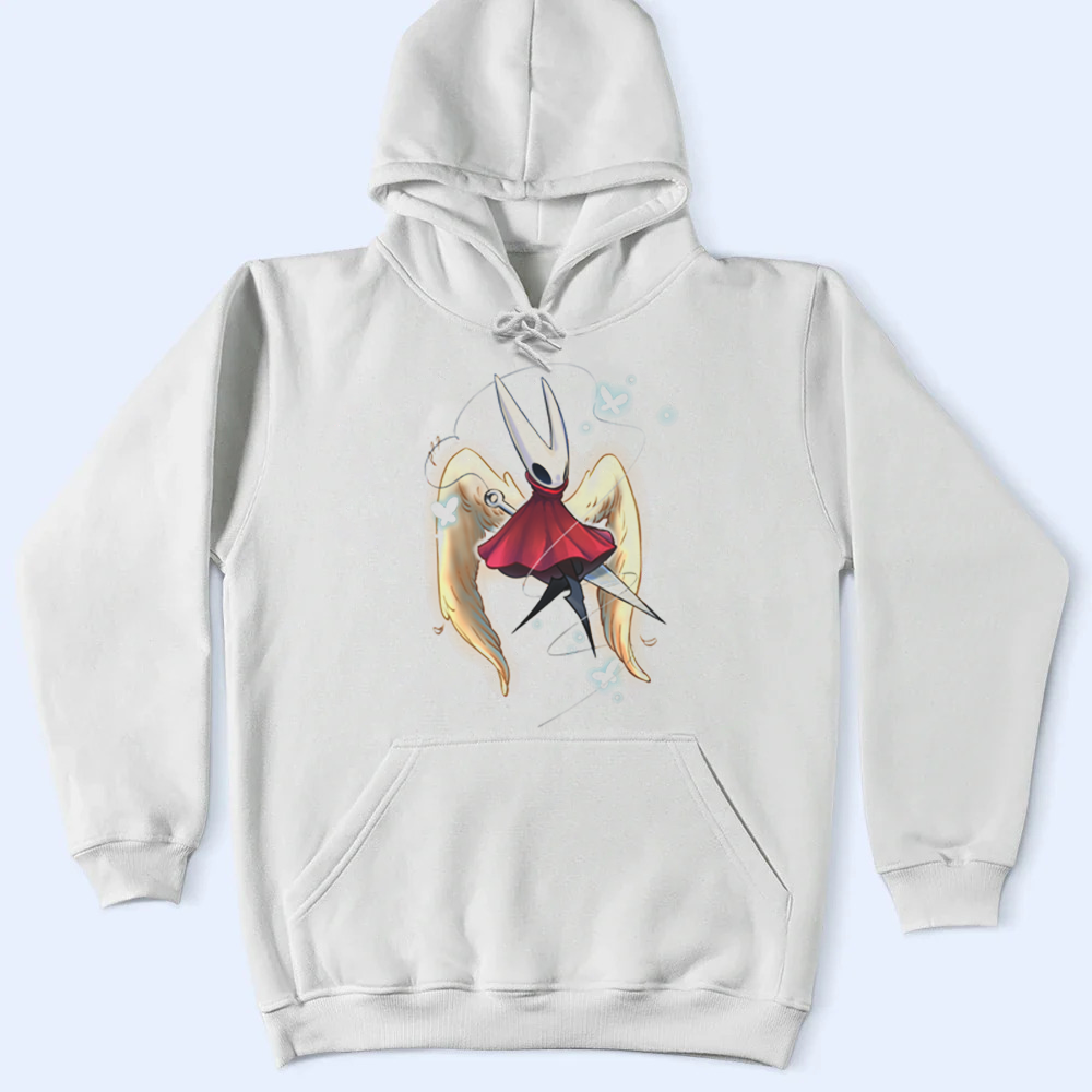 Beige hoodie with a graphic design of Hornet Silksong in a red cloak on a light blue background