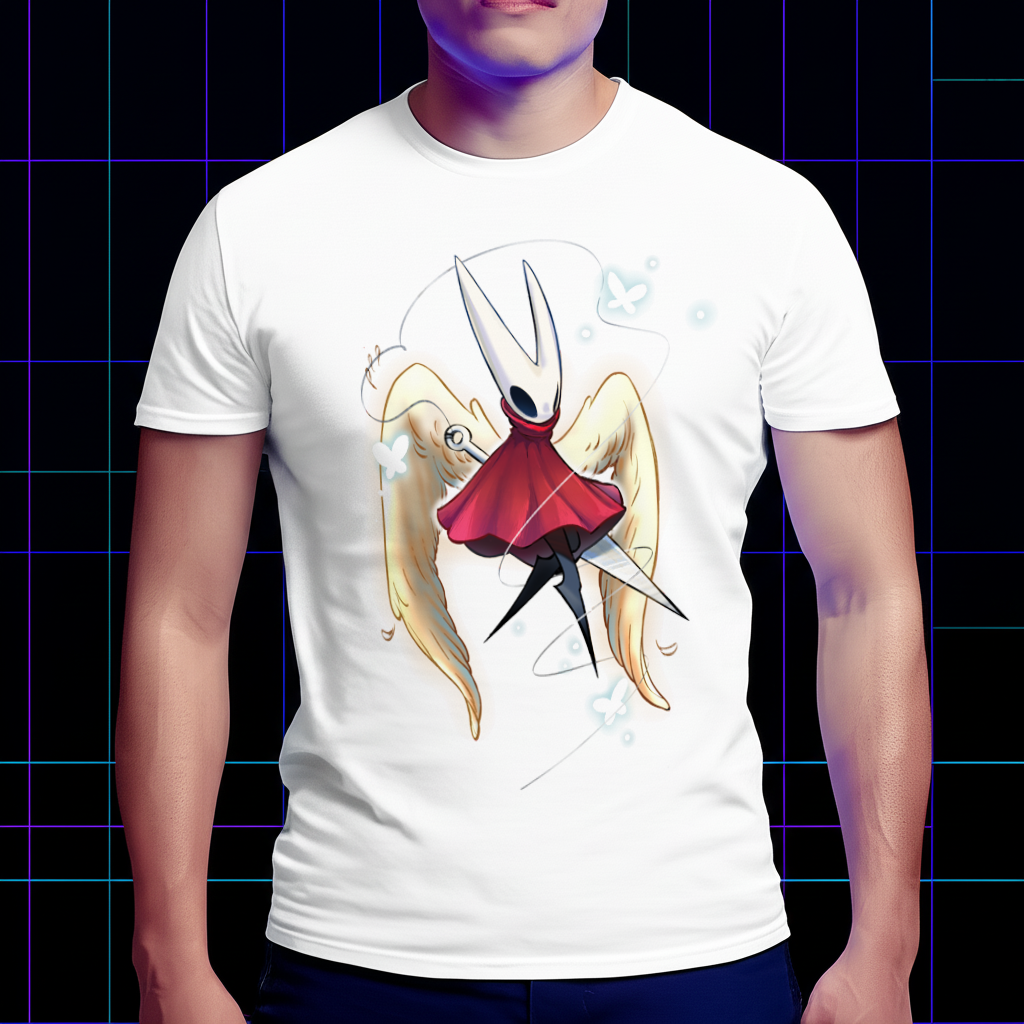 Person wearing a white t-shirt with an angelic Hornet Silksong design on a dark grid background