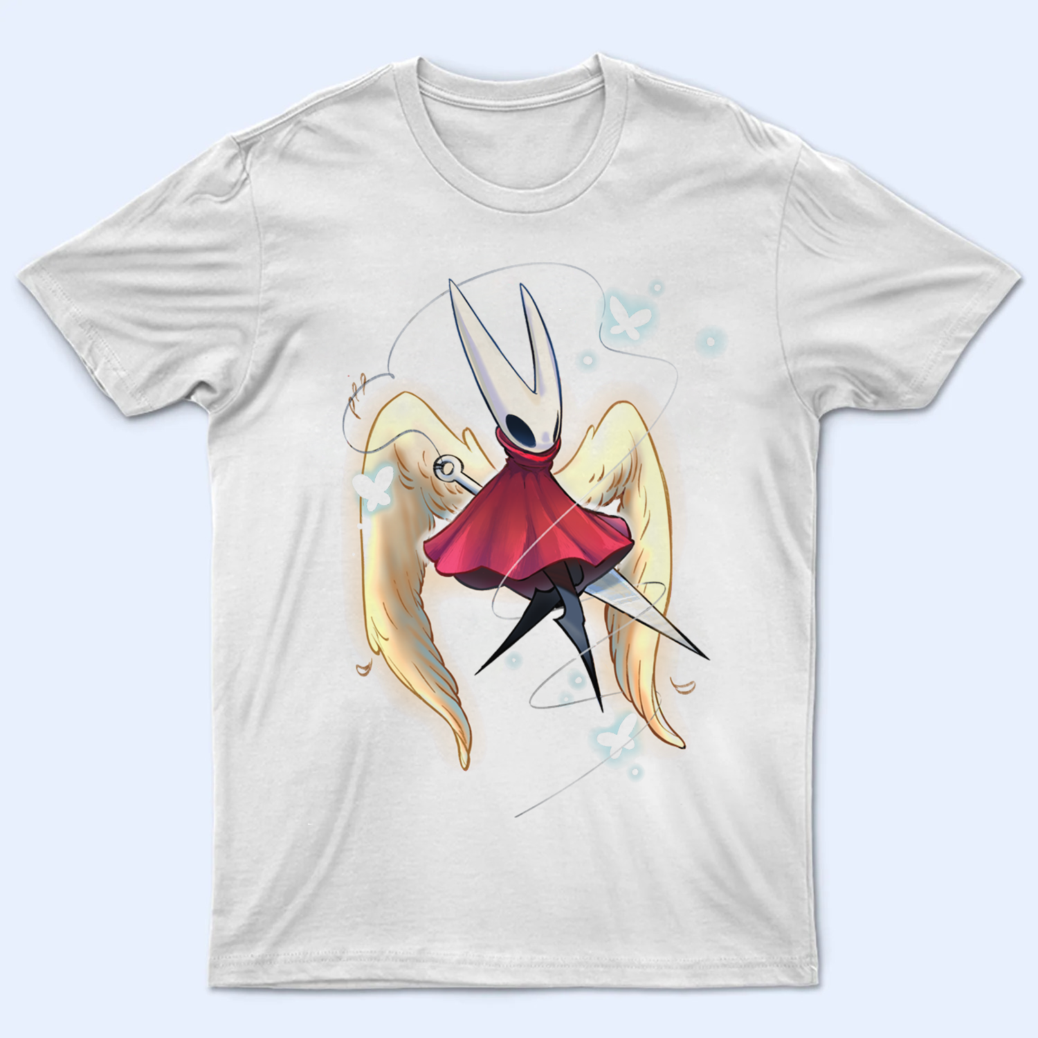 White t-shirt with a stylized Hornet Silksong design on a light blue background