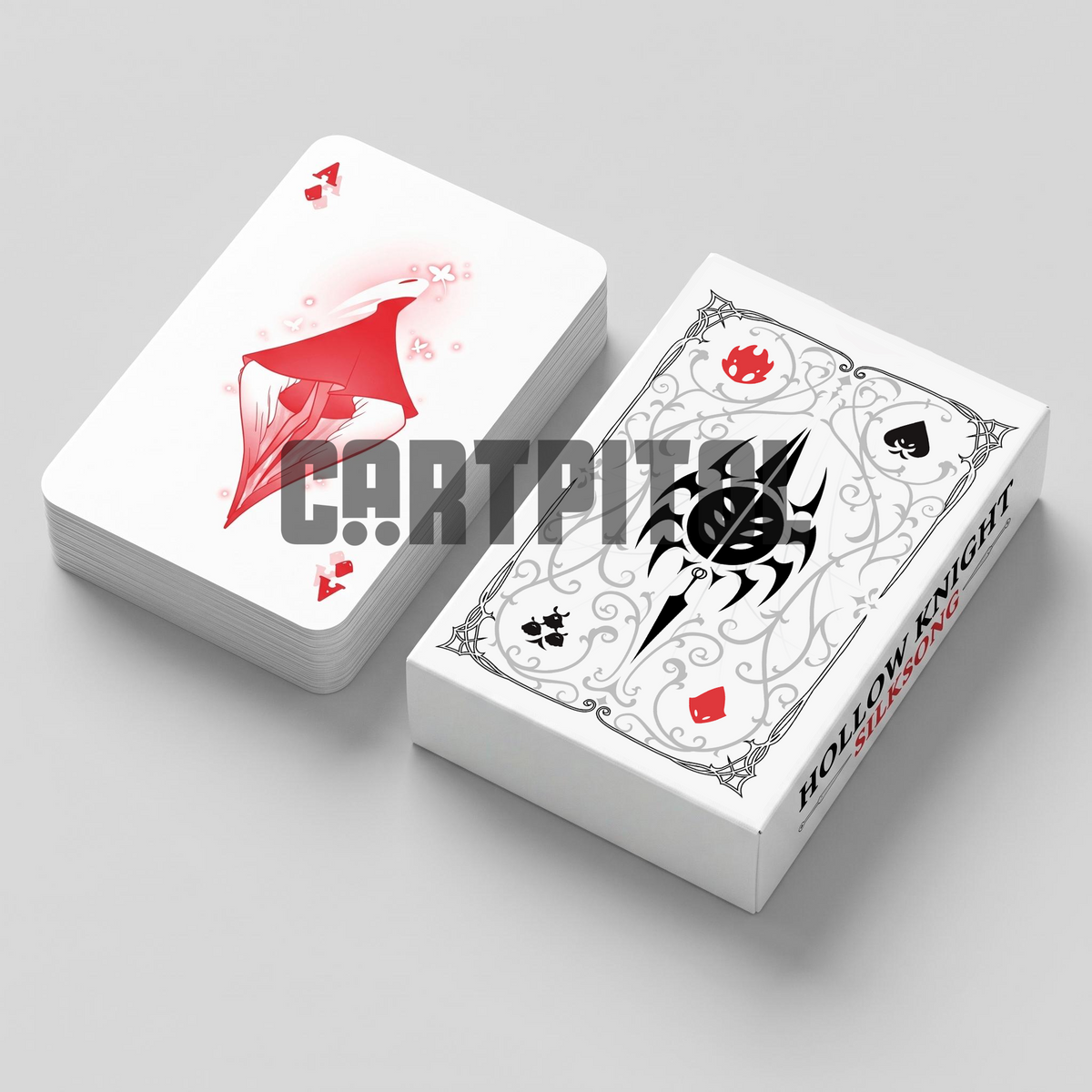 The Hollow Knight Silksong card deck displayed on a desk 