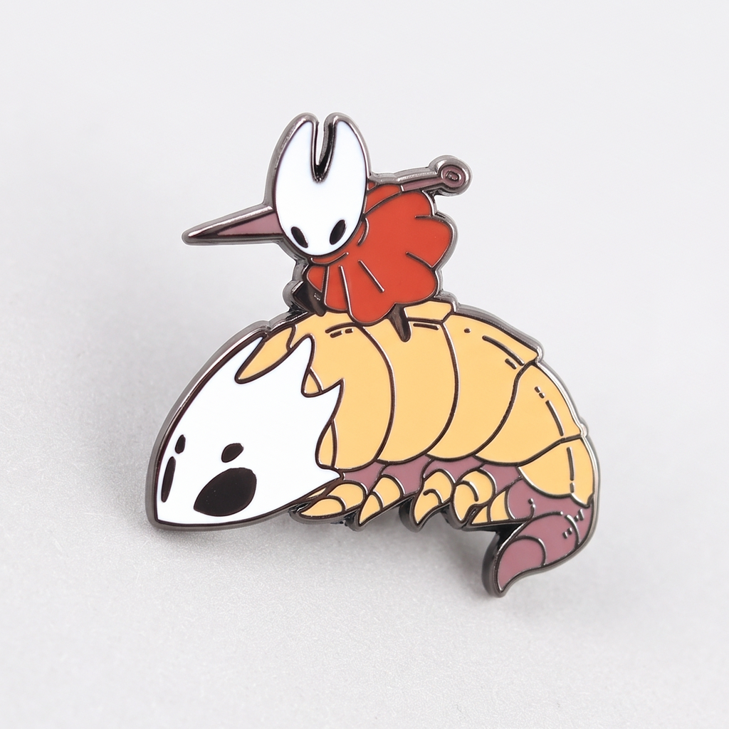 Front view of the Hornet & Bell Beast enamel pin showing Hornet riding the creature, premium Hollow Knight Silksong merch.