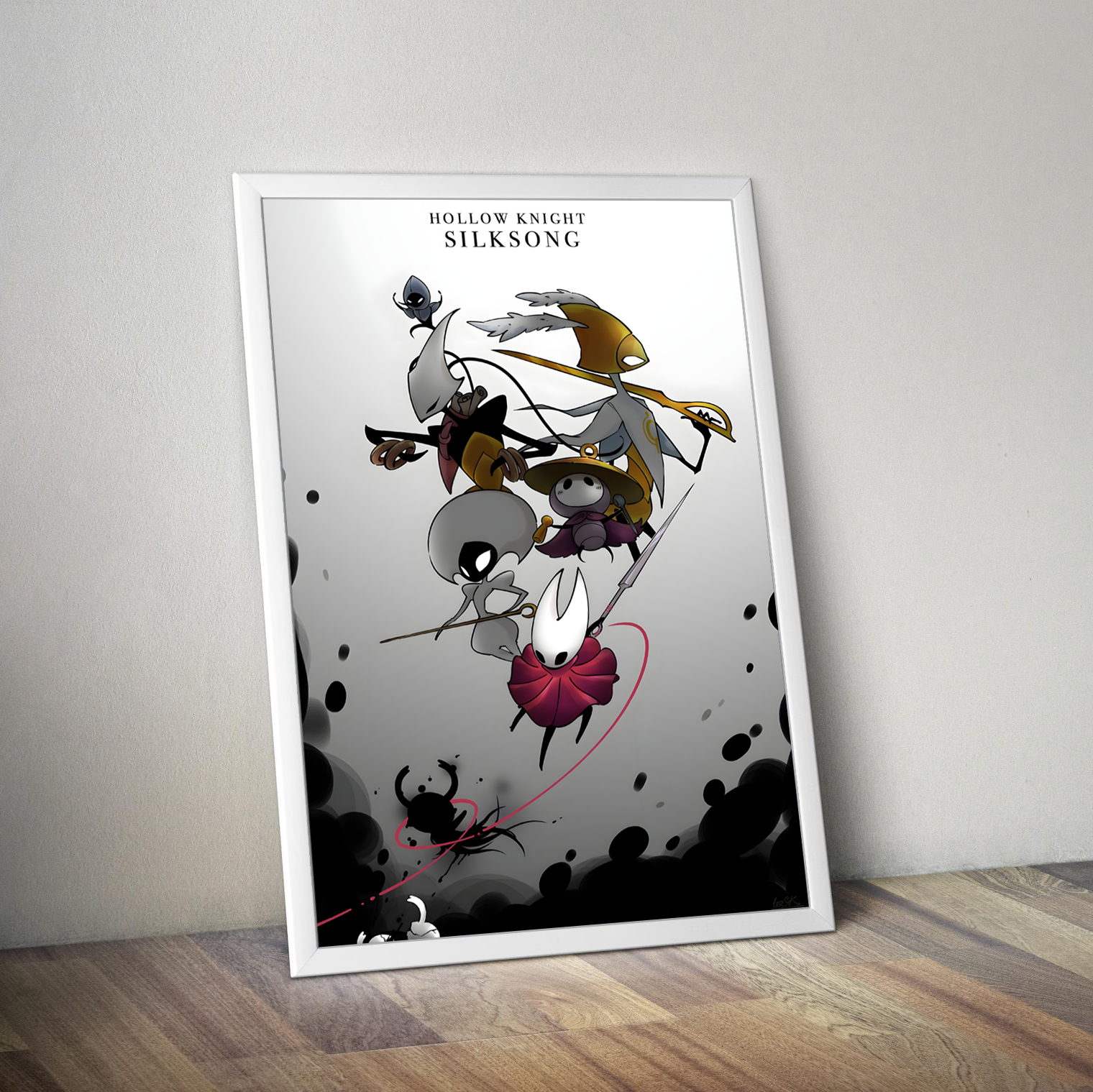 Poster of 'Hollow Knight Silksong' with characters on a gray background