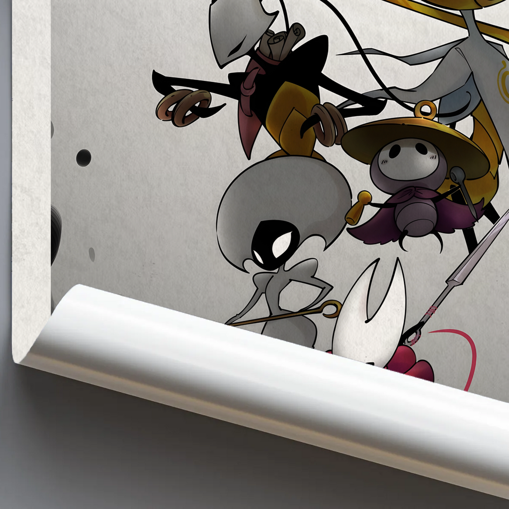 Close-up detail of the Hollow Knight Silksong Poster print, highlighting the vibrant colors and detailed artwork of the new setting