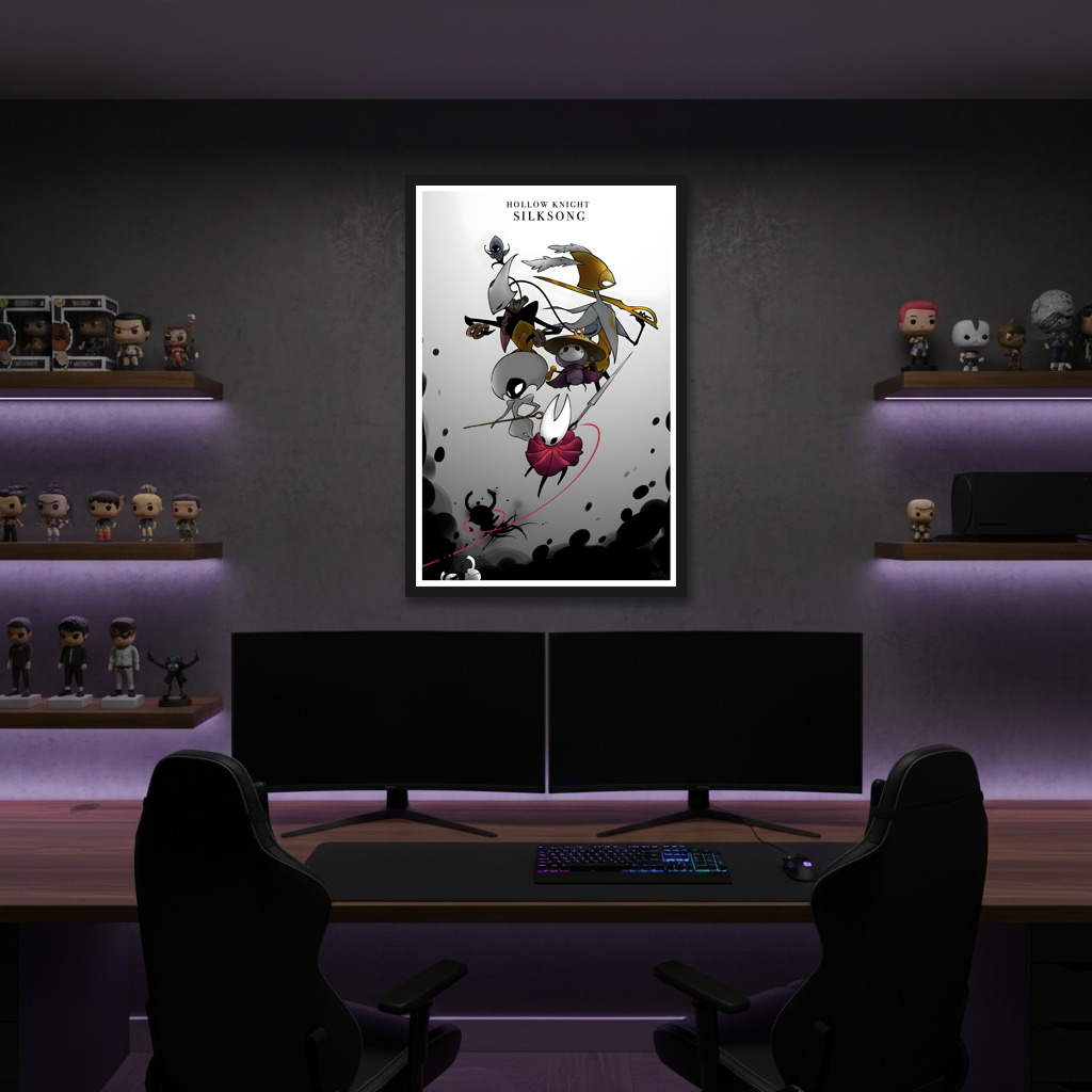 Framed Hollow Knight Silksong Poster displayed on a clean wall, showcasing the new kingdom artwork.