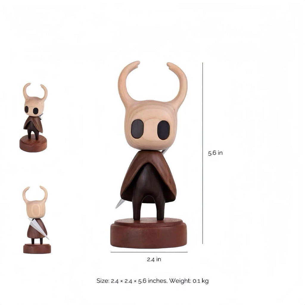 Size reference image of the Hollow Knight Wooden Figure placed on a bookshelf, showing its perfect scale for display.