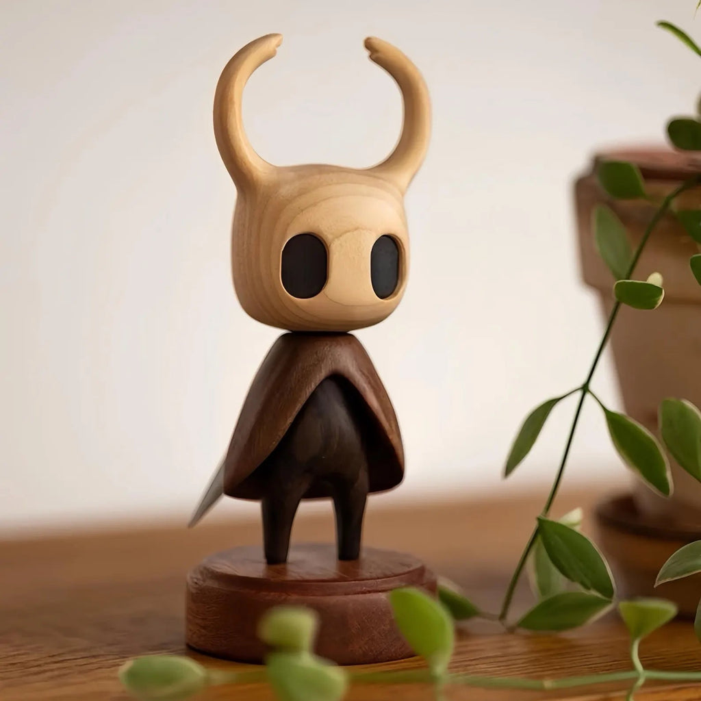 Close-up detail of the Hollow Knight Wooden Figure's carving, highlighting the wood texture and quality craftsmanship.
