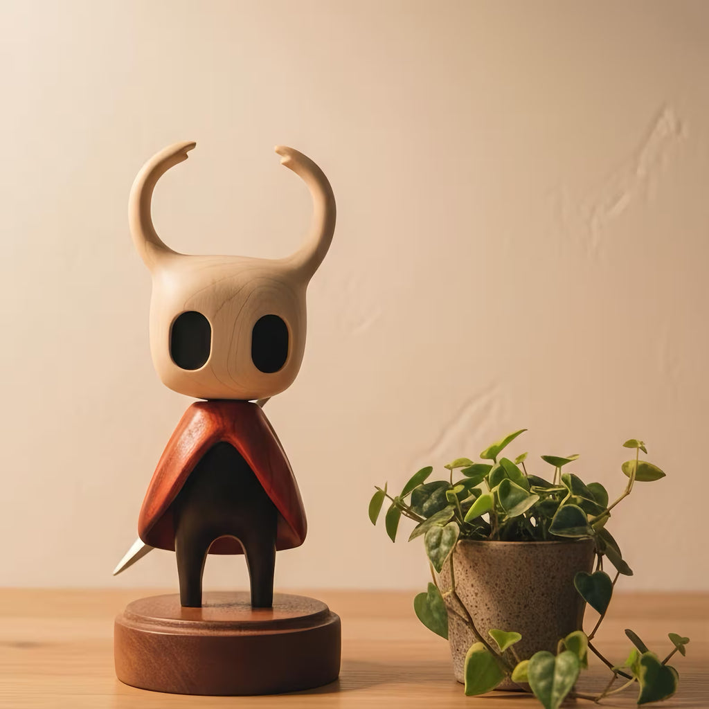 Close-up detail of the Hollow Knight Wooden Figure's carving, highlighting the wood texture and quality craftsmanship.