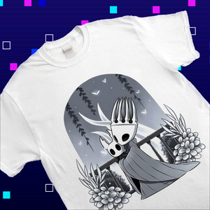 Pale King design from Hollow Knight printed on a t-shirt mockup, depicting the ruler of Hallownest