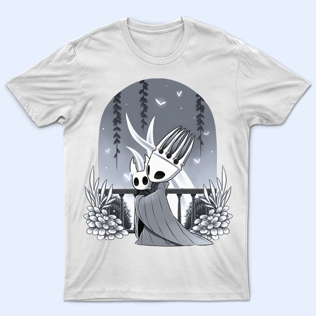Pale King design from Hollow Knight printed on a t-shirt mockup, depicting the ruler of Hallownest