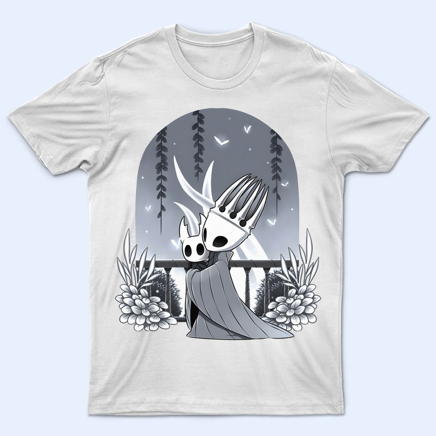 Pale King design from Hollow Knight printed on a t-shirt mockup, depicting the ruler of Hallownest