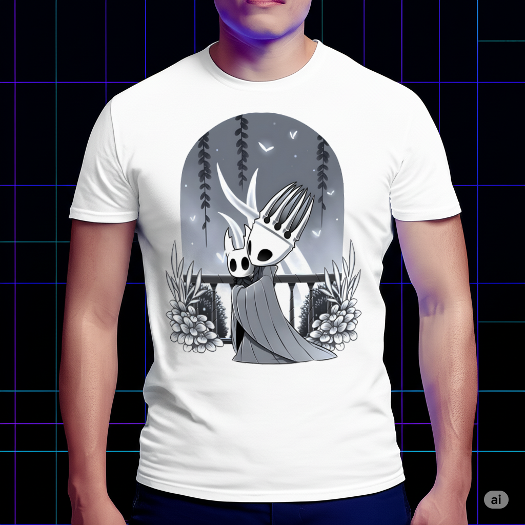 Pale King design from Hollow Knight printed on a t-shirt mockup, depicting the ruler of Hallownest