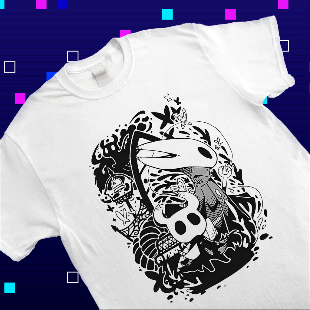 Hornet in an adventure pose from Silksong on a T-shirt mockup
