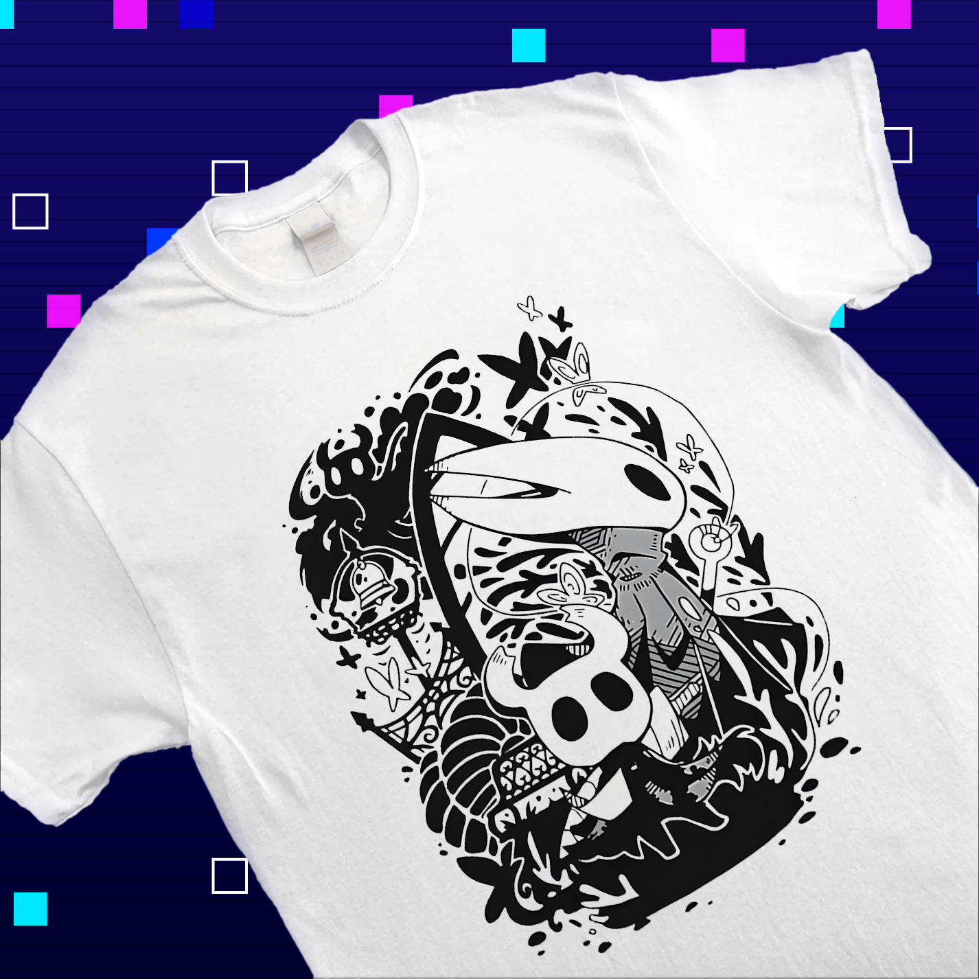 Hornet in an adventure pose from Silksong on a T-shirt mockup