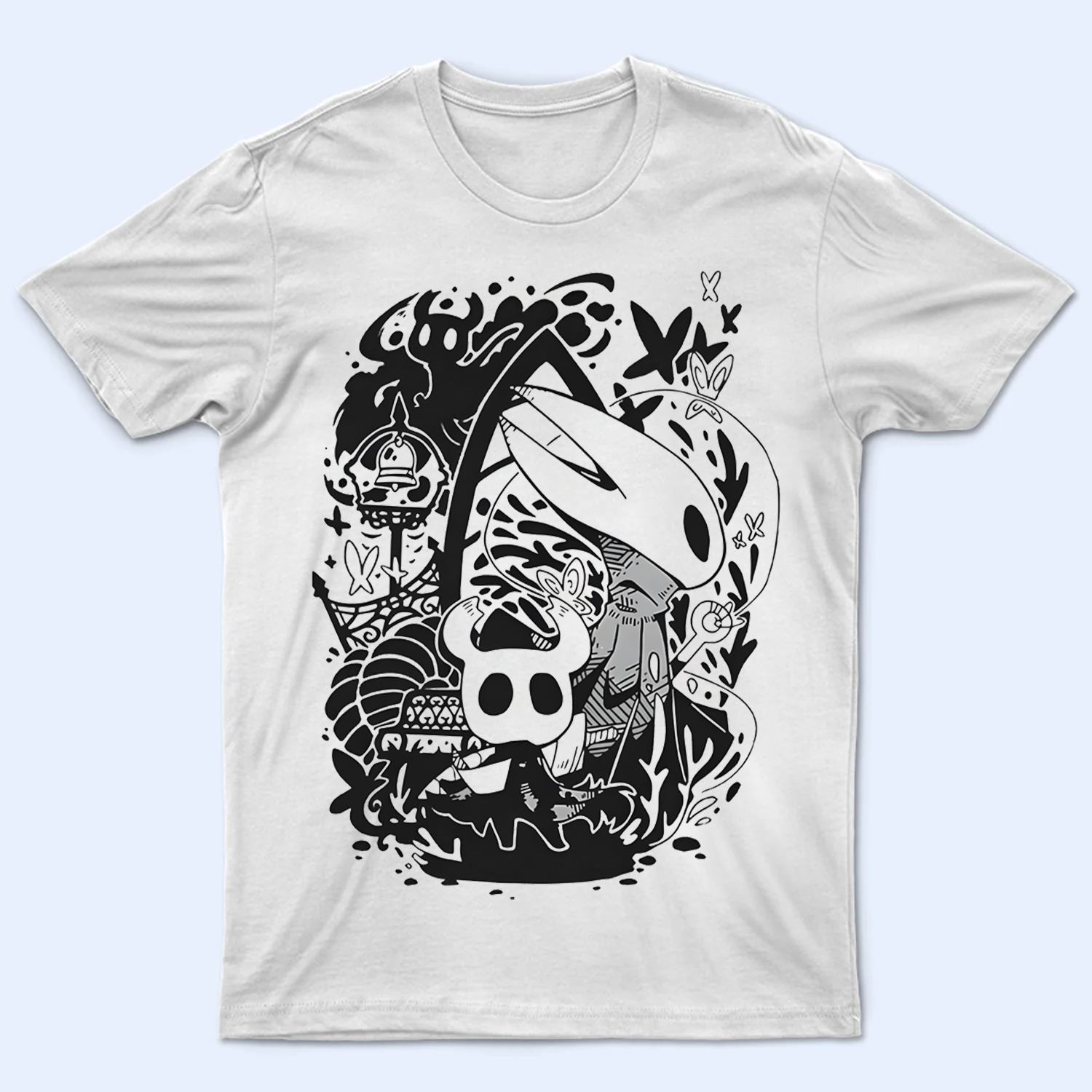 Hornet in an adventure pose from Silksong on a T-shirt mockup