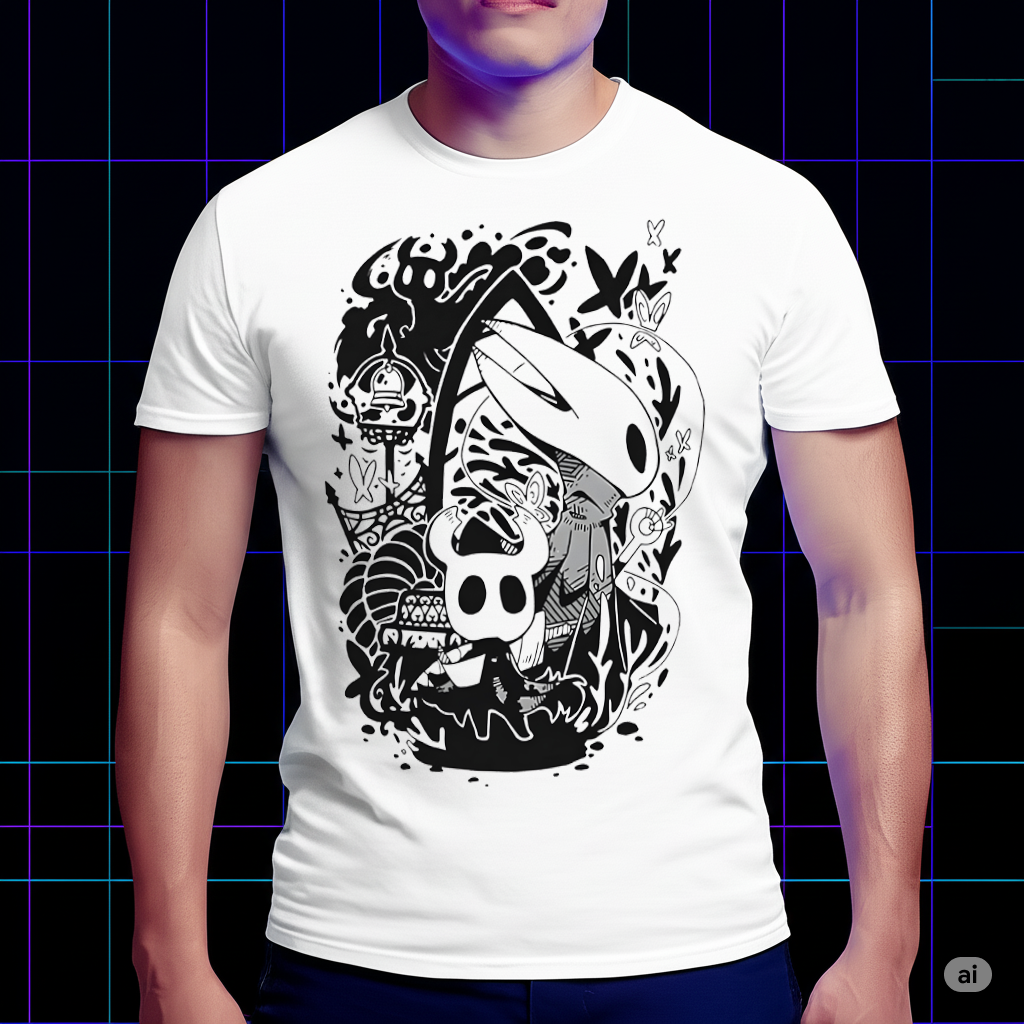 Hornet in an adventure pose from Silksong on a T-shirt mockup