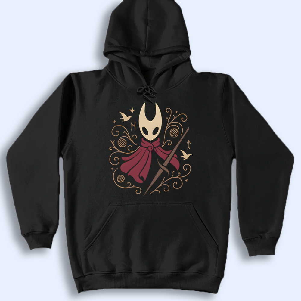 Front view of a premium Hornet hoodie featuring a needle-wielding combat graphic, Silksong merch.