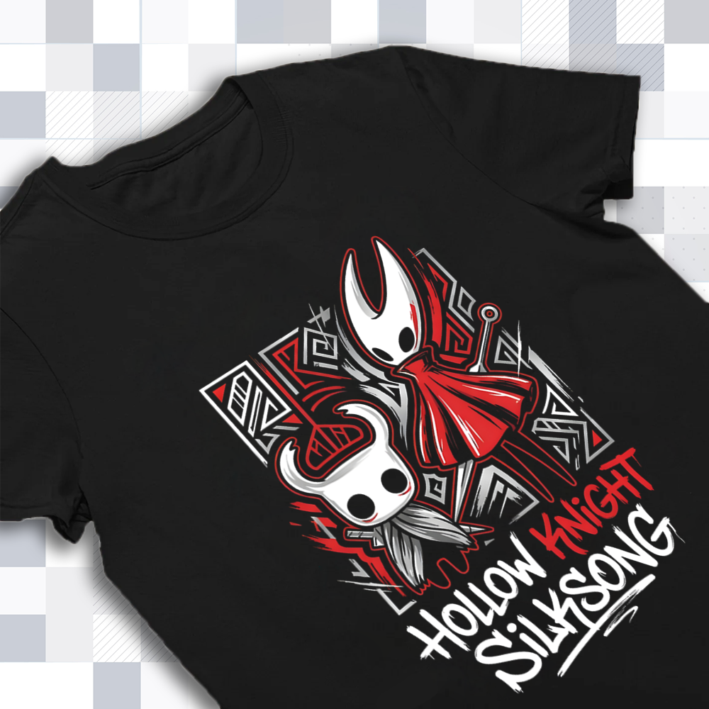 Detailed close-up of the Hornet and The Knight shirt graphic, highlighting the intricate needle and cloak patterns, Silksong merch.