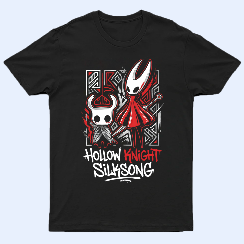 Front view of the Hornet and The Knight shirt featuring a silhouette duo design, Hornet and The Knight shirt, Silksong merch.