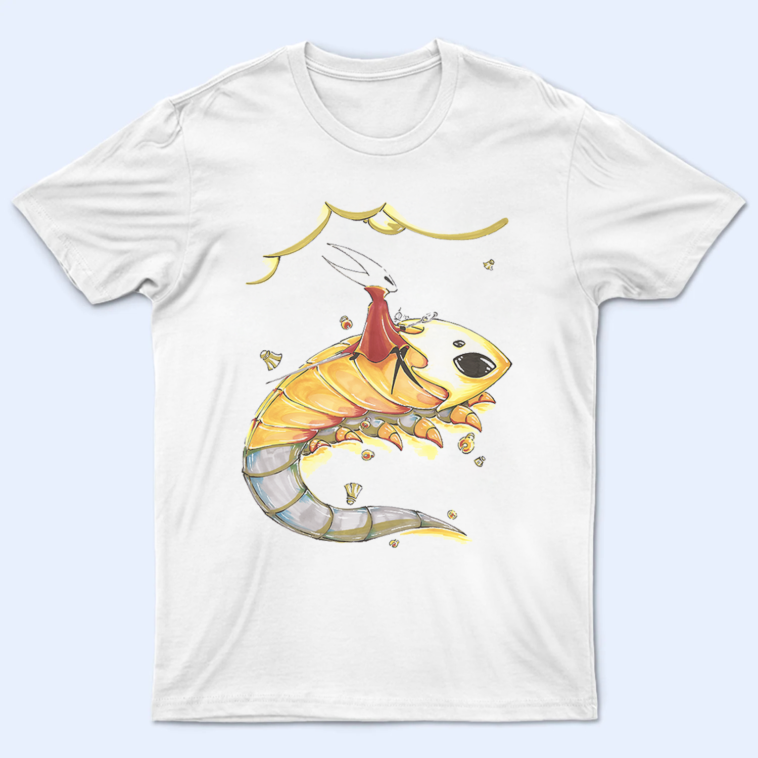 Front view of the Hornet shirt featuring a dramatic print of Hornet's intense encounter with the Bell Beast