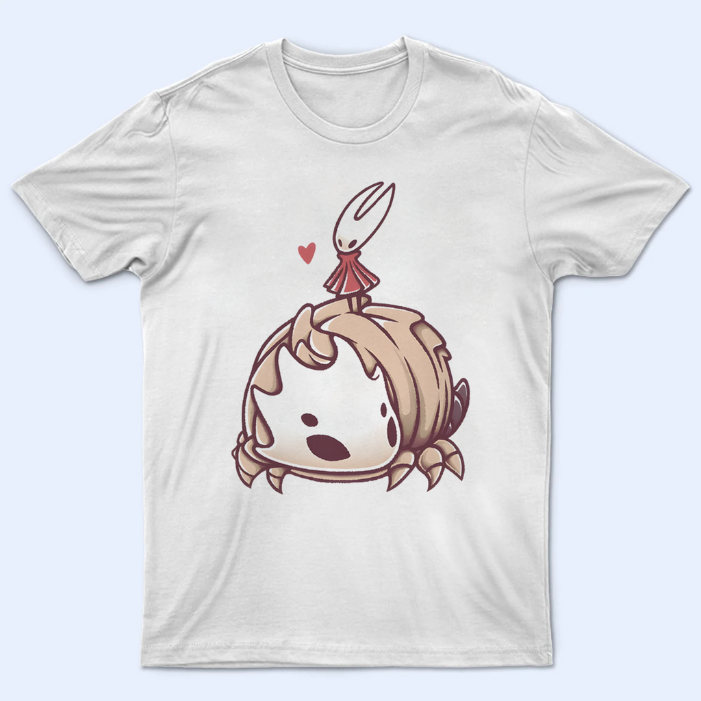 Front view of the Hornet shirt featuring a print of Hornet and the Bell Beast, a key duo from the new Silksong Tee collection