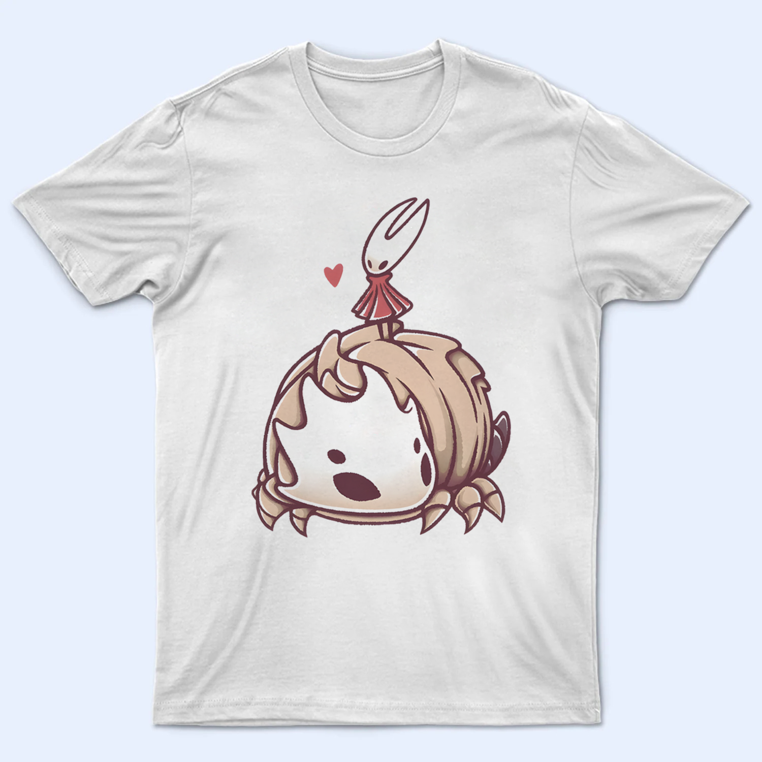 Front view of the Hornet shirt featuring a print of Hornet and the Bell Beast, a key duo from the new Silksong Tee collection