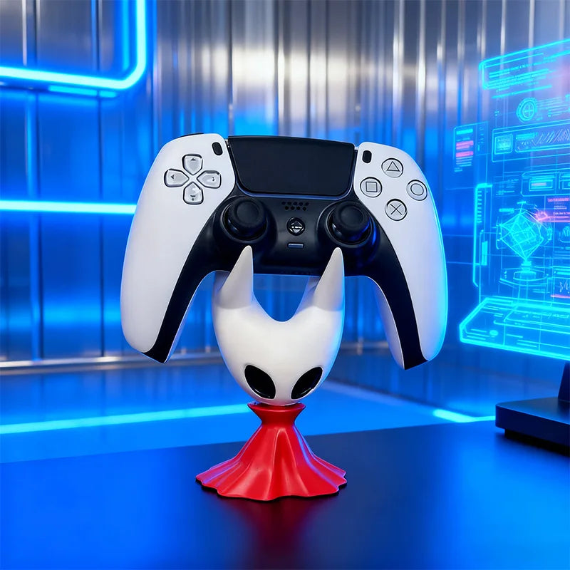 The Hornet Controller Stand placed on a gaming desk, integrating into a complete Silksong themed setup.