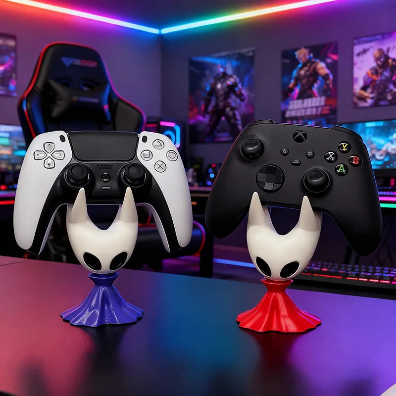 The Hornet Controller Stand placed on a gaming desk, integrating into a complete Silksong themed setup.