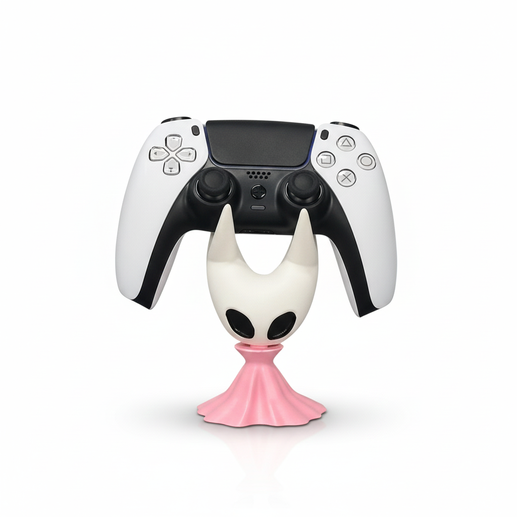 Front view of the Hornet Controller Stand pink designed as the character, ready to hold a gamepad