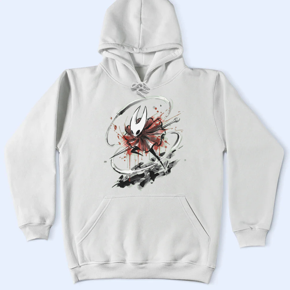 Front view of a Hornet hoodie featuring a dynamic Silk and Song action pose, premium Silksong merch.